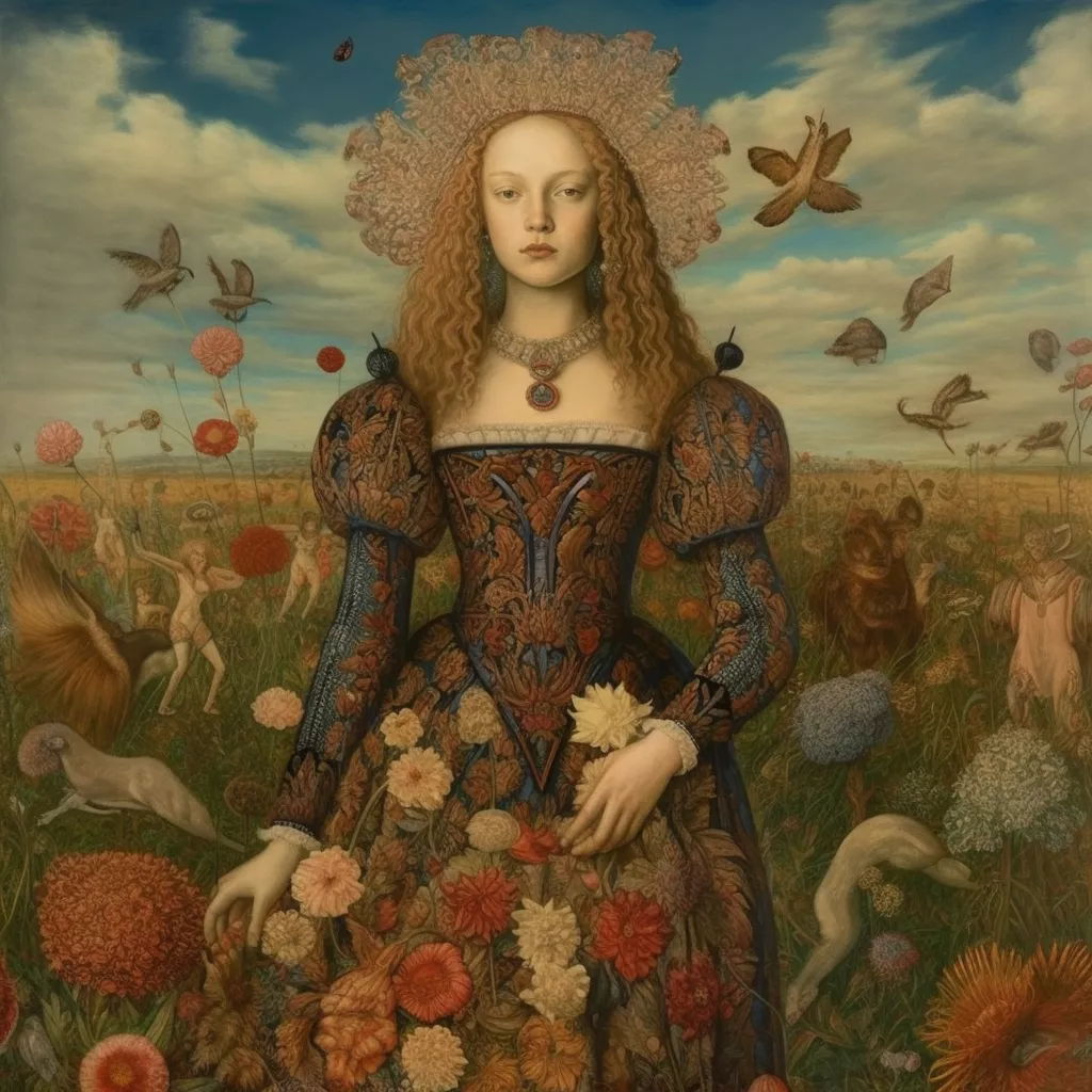 Frau in aufwendigem Kleid, steht in fantastischem Blumenfeld.