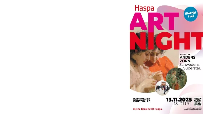 Buntes Plakat für die Haspa ART NIGHT: Großer pink-roter Titel, Fotos von Frauen, einem Mann und Natur, dazu Datum 13.11.2025.