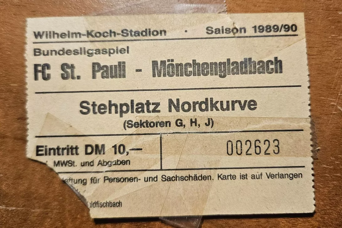 Altes Fußballticket: Bundesligaspiel FC St. Pauli gegen Mönchengladbach, Saison 1989/90, Stehplatz Nordkurve, DM 10.